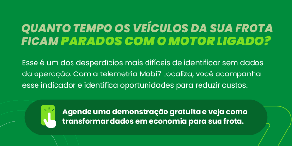 Quanto tempo os veículos da sua frota ficam parados com o motor ligado? Esse é um dos desperdícios mais difíceis de identificar sem dados da operação. Com a telemetria Mobi7 Localiza, você acompanha esse indicador e identifica oportunidades para reduzir custos.
