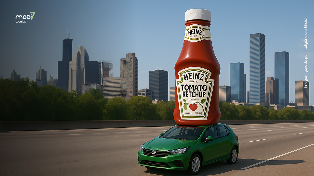 Carro com uma garrafa gigante de ketchup Heinz no teto, em cenário urbano. Imagem gerada por IA.