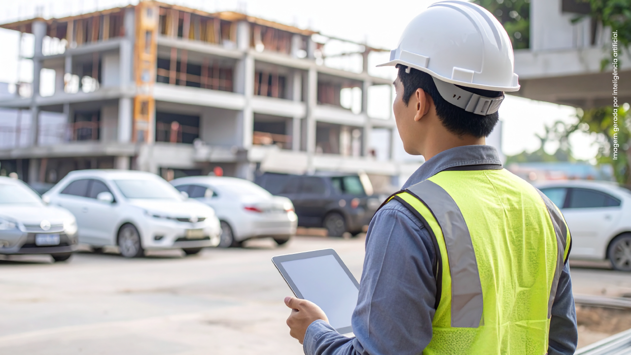 Gestor de frotas acompanhando o trabalho em construção civil.