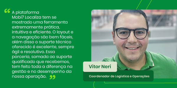 Vitor Neri, Coordenador de Logística e Operações da Gagliardi Distribuidora, destaca a eficiência e praticidade da plataforma Mobi7 Localiza na gestão de frotas.