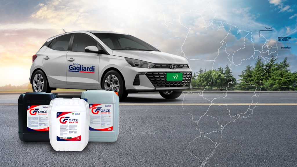 Carro do Grupo Gagliardi em estrada, com mapa destacando atuação no Ceará, Rio Grande do Norte e Paraíba, ao lado de produtos automotivos.