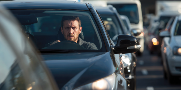 Motorista irritado em meio a trânsito intenso.