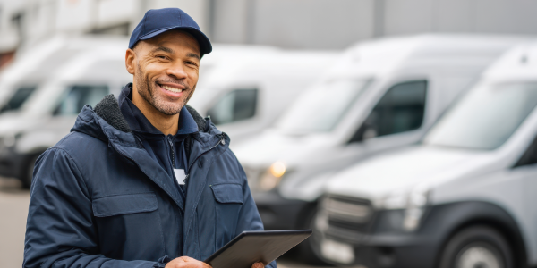 Gestor de frotas segurando um tablet, em frente a veículos da empresa, representando o uso de tecnologia e organização para adaptação às mudanças da CNH.