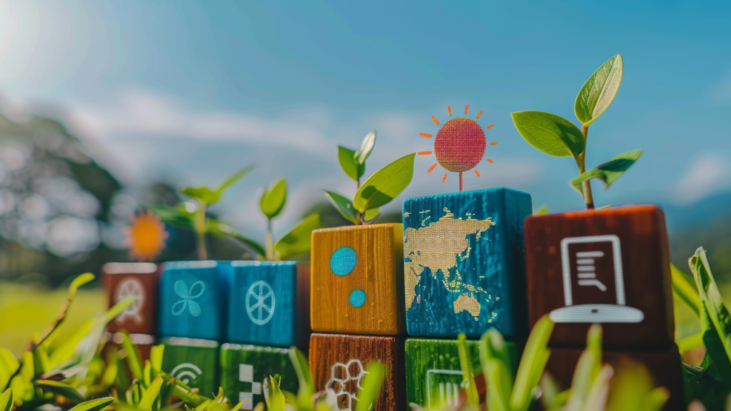 Objetivos de Desenvolvimento da ONU representados em ícones em caixas coloridas. Imagem gerada por IA.