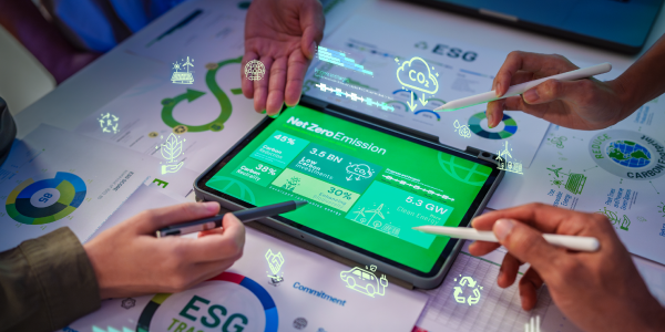 Gestores sobre tablet, discutindo alternativas sustentáveis de combustível